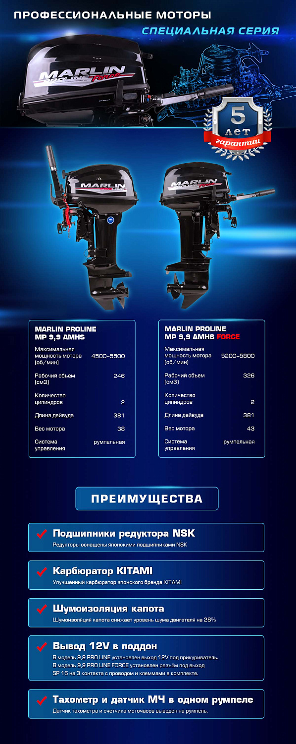 Лодочный мотор MARLIN PROLINE MP 9.9 (20) AMHS FORCE в Саратове